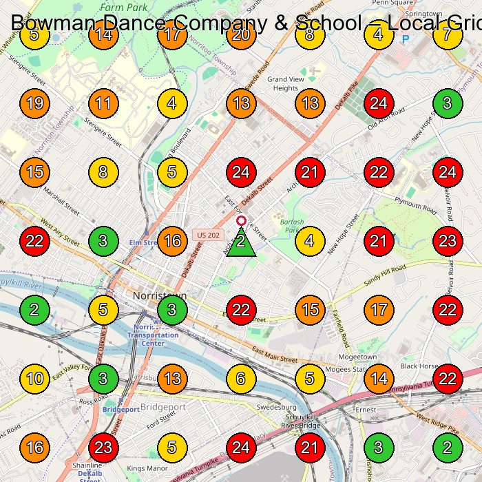 Bowman Dance Company & School Dance School GeoGrid ranking map for Norristown PA